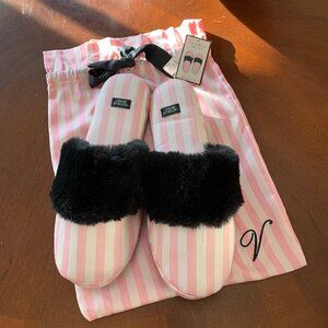 BNWT Victoria's Secret Pink & White Satin Striped & Faux Fur Slippers Size M